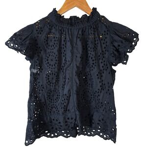 Jennifer Grace Black Eyelet Top Ruffle Mock Neck Short Sleeve Blouse S‎